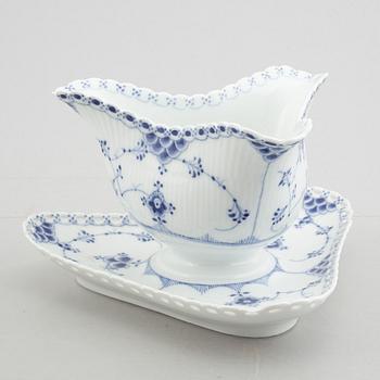 Two dishes and a sauce bowl, porcelain, "Blue fluted" / "Musselmalet", Royal Copenhagen, part 19th century.
