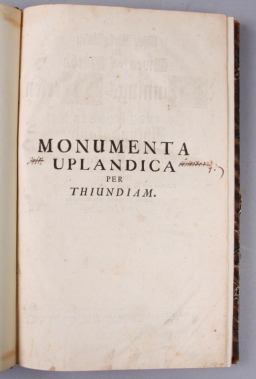 BOK, "Then första boken af Swea och Göta Minnings merken uthi Uplandz..." av Johan Peringskjöld, Stockholm 1710.