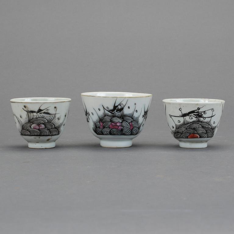 KOPPAR, 3 st, porslin, Kina, 1800/1900-tal.