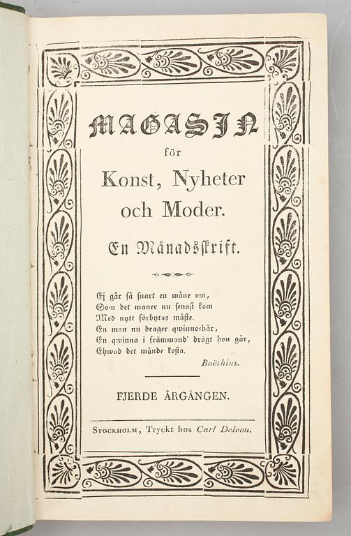 MODEMAGASIN, 6 vol, "Magasin för konst, nyheter och moder", Fredrik Boije, Stockholm 1823, -26,-27, -28, -29 -31.