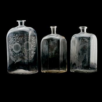BRÄNNVINSPLUNTOR, 3 st, glas, 1800-tal.