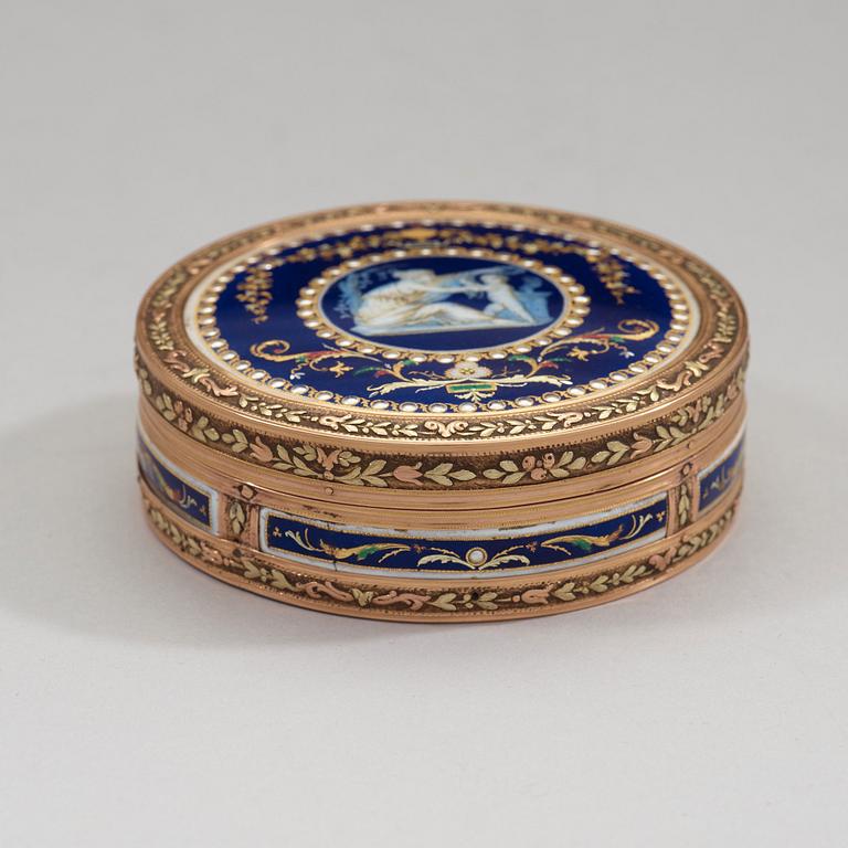 A Swiss late 18th century gold and enameld snuff-box, unidentified makers mark.