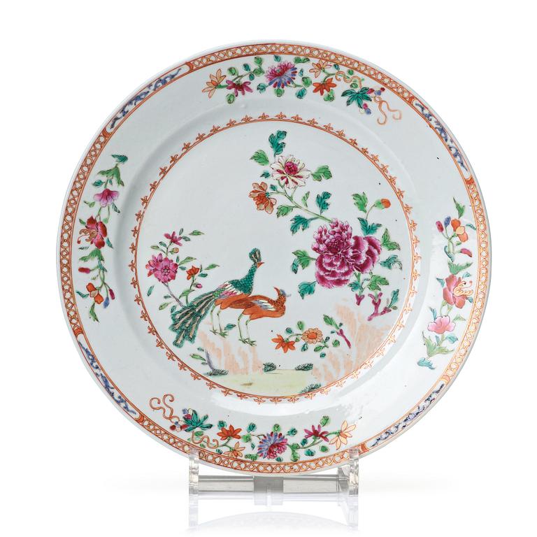 A round famille rose 'double peacock' dish, Qing dynasty, Qianlong (1736-95).