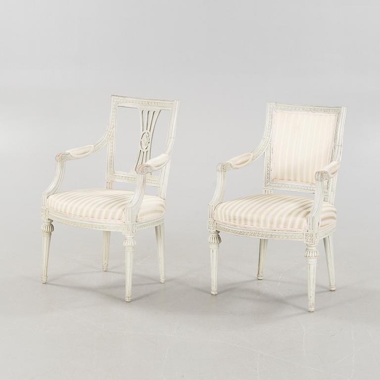 Two gustavian armchairs signed OBS, Olaus Bentsson, Lindome, around the year 1800.