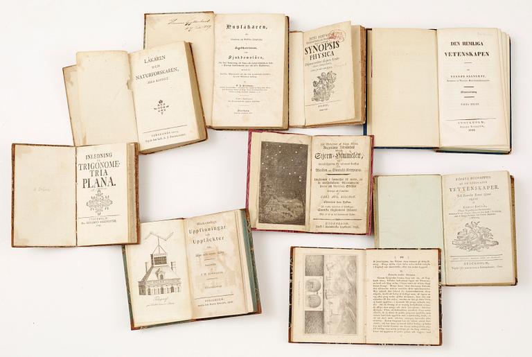 BOKPARTI OM UPPFINNINGAR OCH NATURVETENSKAP SAMT LÄKEKONST, 18 vol, bla "Stjern-himmelen.." av CA. Bischof, Stockholm 1796.