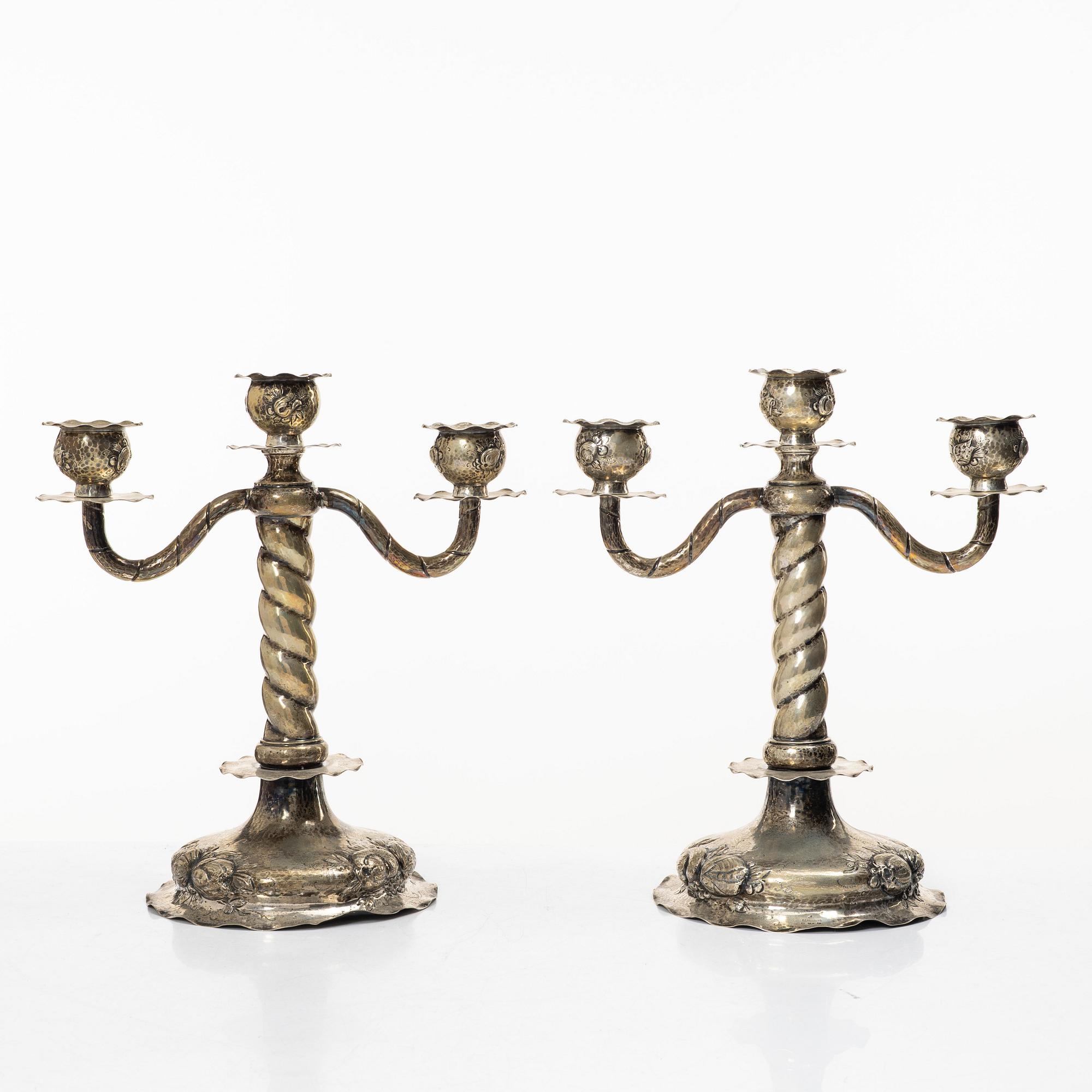 C.G. Hallberg, Kandelabrar, ett par, silver, barockstil, Stockholm 1926.