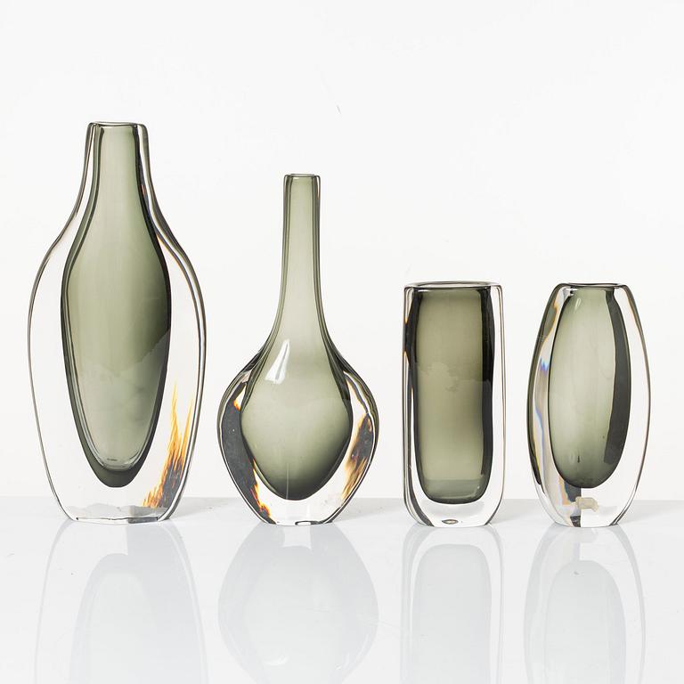 Nils Landberg, a set of four "Sommerso" vases, Orrefors, 1950s-60s.