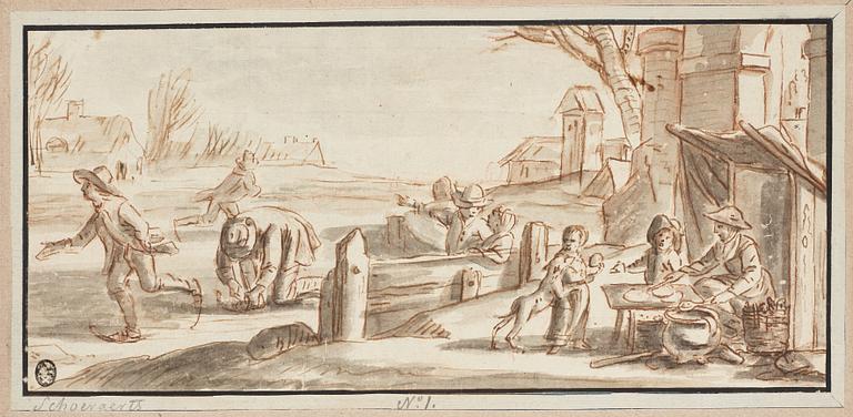 Mathys Schoevaerdts Circle of, Skaters near a Bakery and Townsfolk near a Fish Stall.