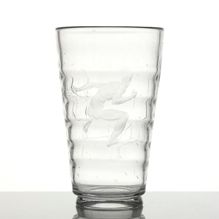 Vicke Lindstrand, a "Pärlfiskare" (Pearl Fisher) engraved glass vase, model 1115, Orrefors, Sweden, 1936.