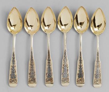 A SET OF SIX RUSSIAN SILVER-GILT AND NIELLO TEA-SPOONS, makers mark of Alexander Zhillin, Viliki-Oustiug 1824.