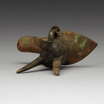 A bronze ritural tripod wine vessel 'Jue', presumably Shang dynasty, 12/11th Century BC.