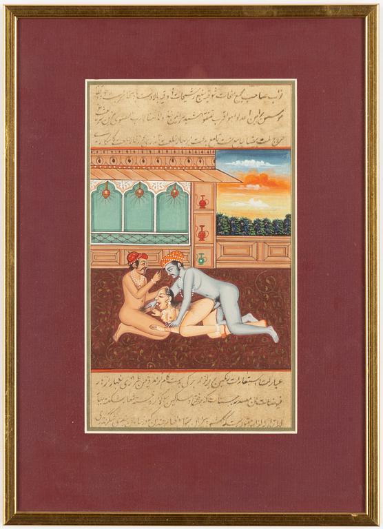 Oidentifierad konstnär, Erotiska scener i interiörer, Indien, 1900-tal. Tre stycken.