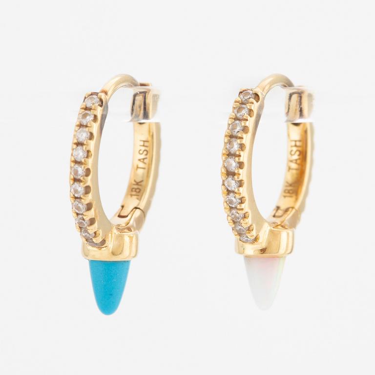 A pair of earrings in 18K gold with round brilliant-cut diamonds, turquoise, and opal, Maria Tash.