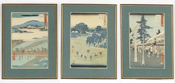 Ando Utagawa Hiroshige, after, three colour woodlbock prints, early 20th century.