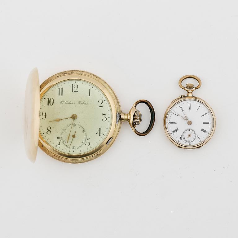HERR- SAMT DAMFICKUR, guld 14K, bla J. Calame Robert, tidigt 1900-tal till 1900-talets första fjärdede. Tot ca 120 gram.