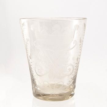 A Swedish glass beaker with the monogram of King Fredrik I, Henrikstorps glass manufactory, early 18th century.