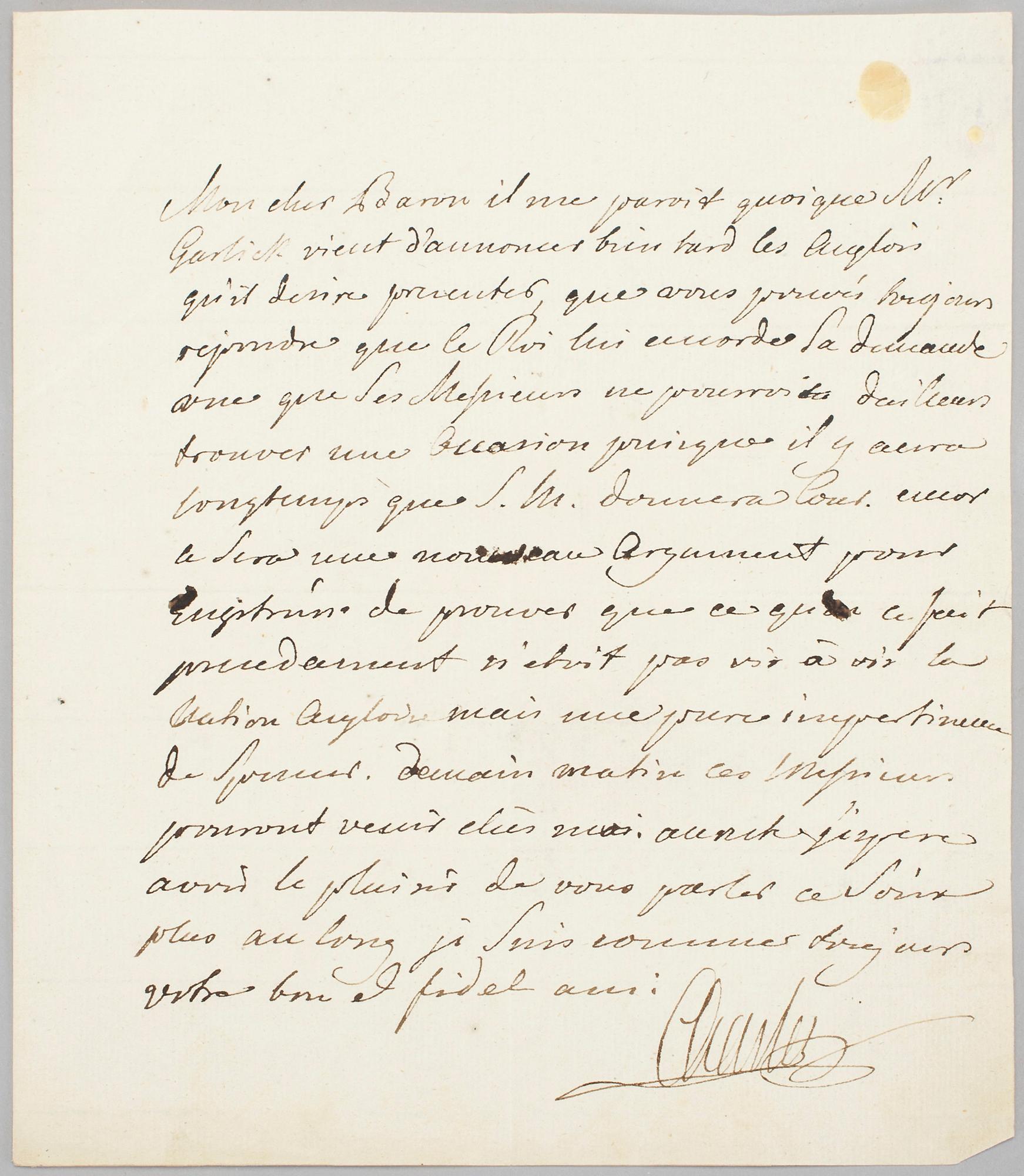 HERTIG KARL (1748-1818), egenhändigt och signerat brev.