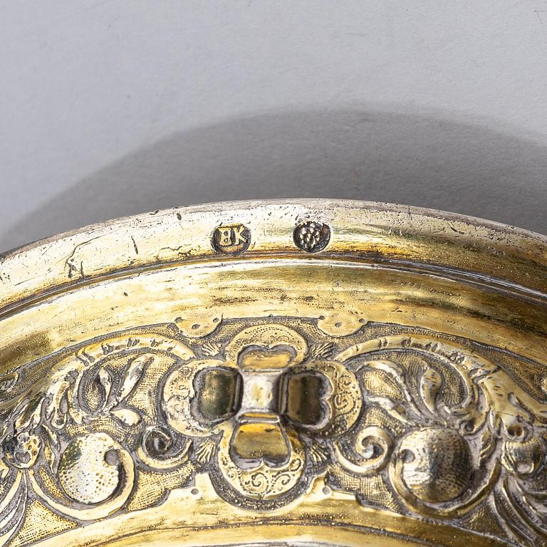 A partially gilded silver chalice, historicism, 19th century, baroque style, fantasy marks.