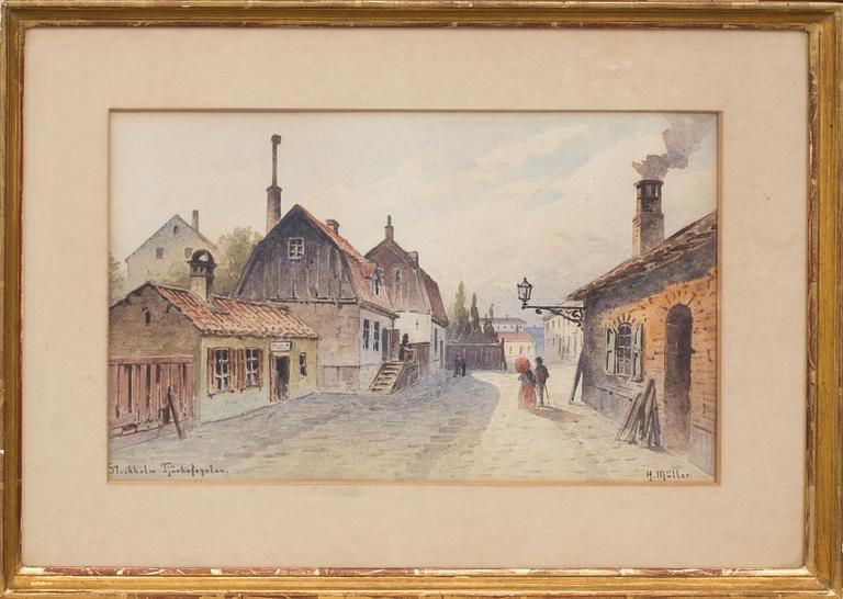 HERMAN MÜLLER, akvarell, "Stockholm Tjärhofgatan" Signerad.
