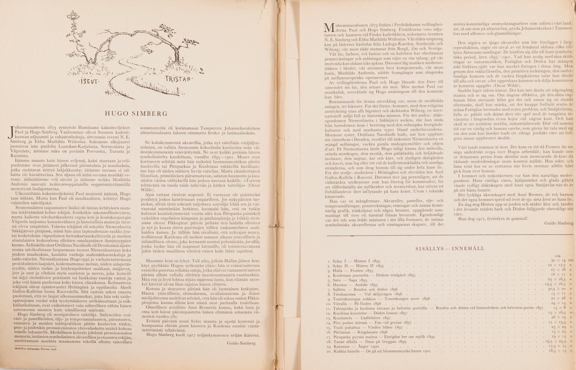 HUGO SIMBERG, after, a folder with 20 off-set printings, WSOY Porvoo 1952.