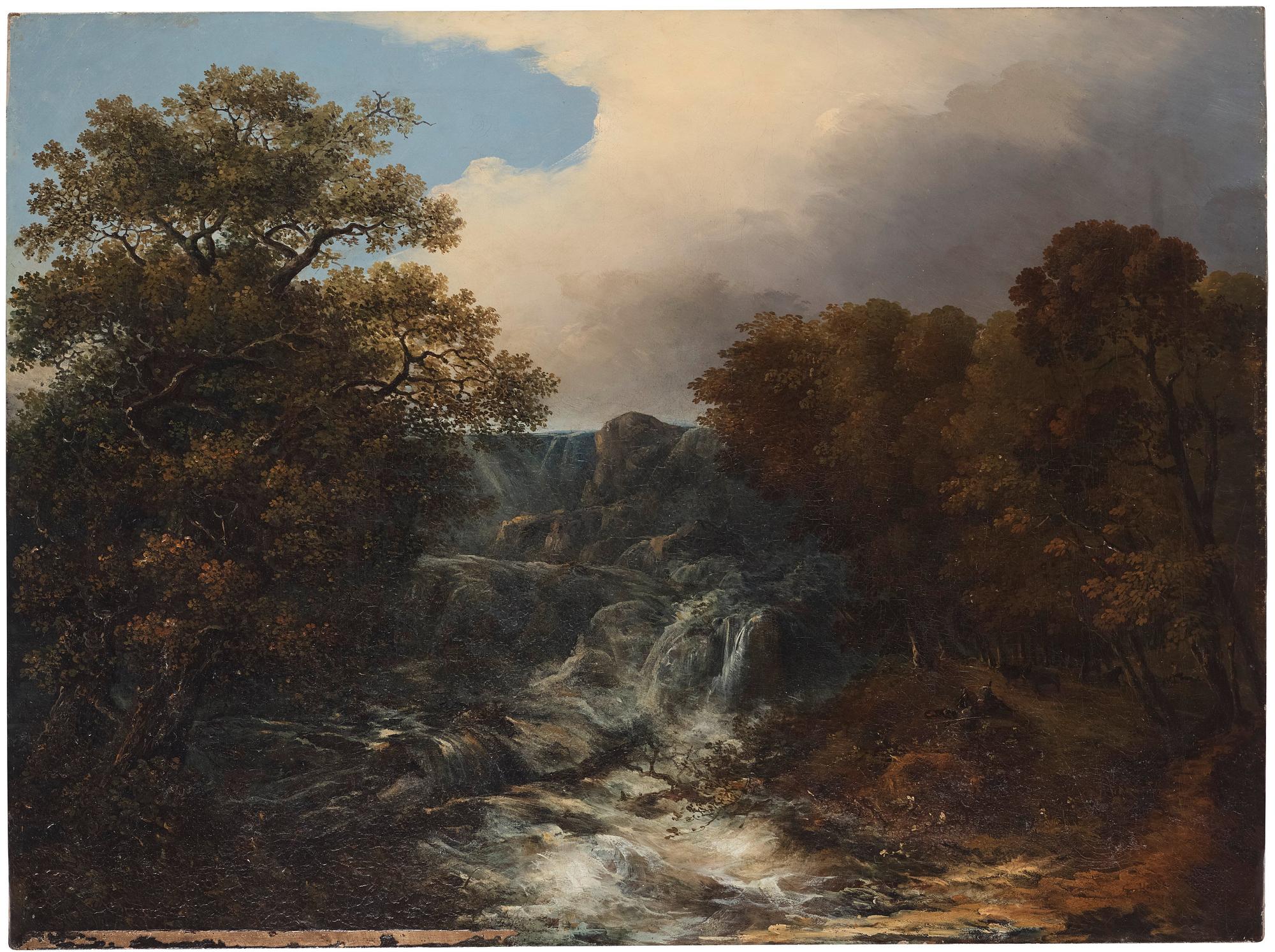 Pehr Gustaf von Heideken, Landscape with resting figures beside a waterfall.