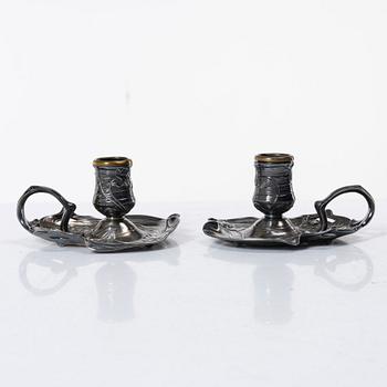 Württembergische Metallwarenfabrik (WMF), Nattljusstakar, ett par, samt bricka, nysilver, jugend, tidigt 1900-tal.