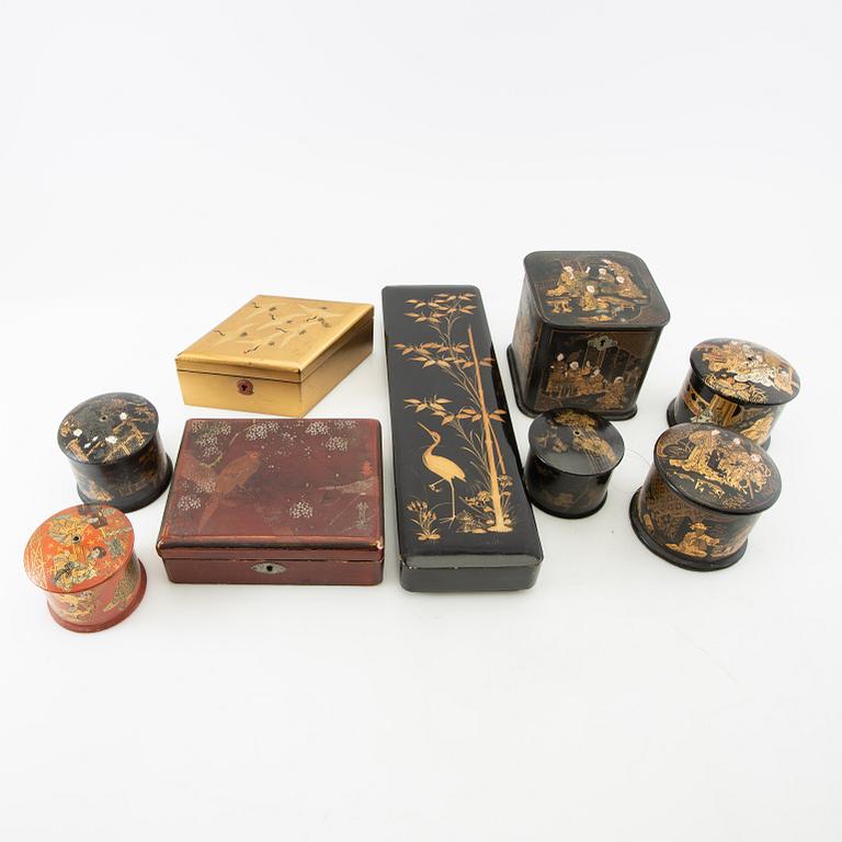 A collection of thread holders, boxes, and a tea caddy, 10 pcs Japan/Europe first half of the 20th century.