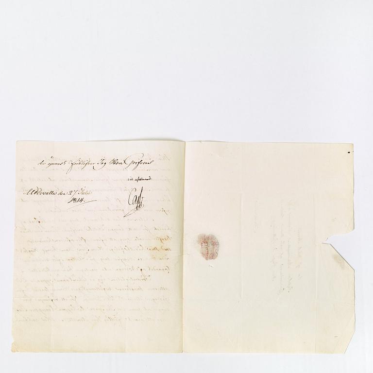 KARL XIII, två brev om erövringen av Norge 1814. Daterade Uddevalla 27 juli resp 9 augusti.