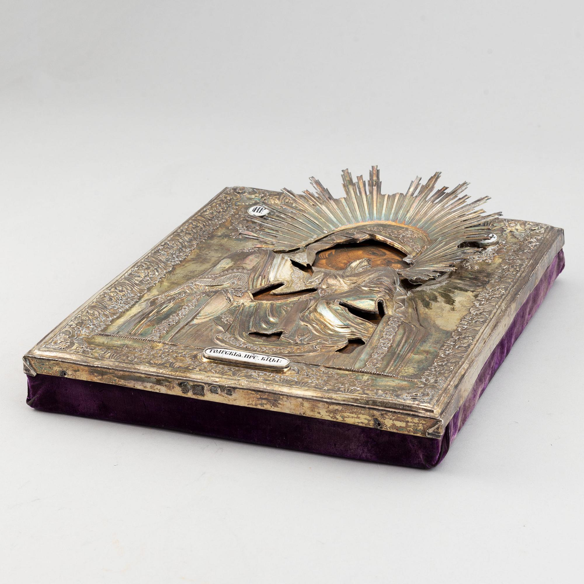 A Russian silver-gilt icon, "Virgin of Tolga", unidentified makers mark, Moscow 1835.