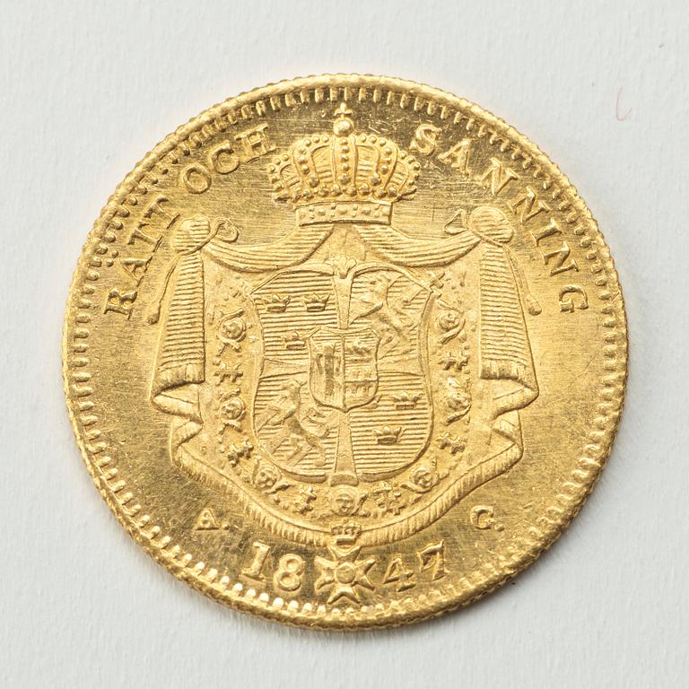 A Swedish 1 Dukat in gold, with the Swedish and Norwegian King Oscar I, 1847/4.