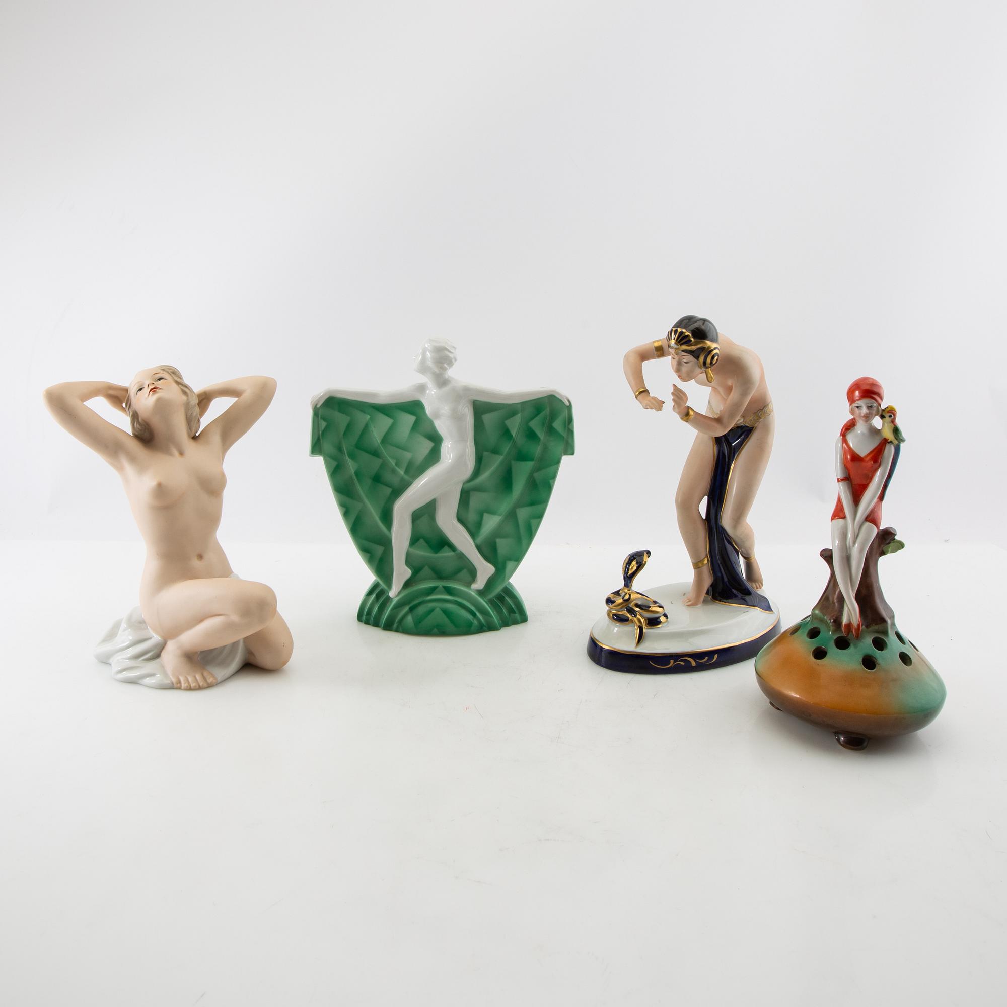 Figurines 4 pcs including Royal Dux and Wallendorf Germany mid-20th century porcelain.