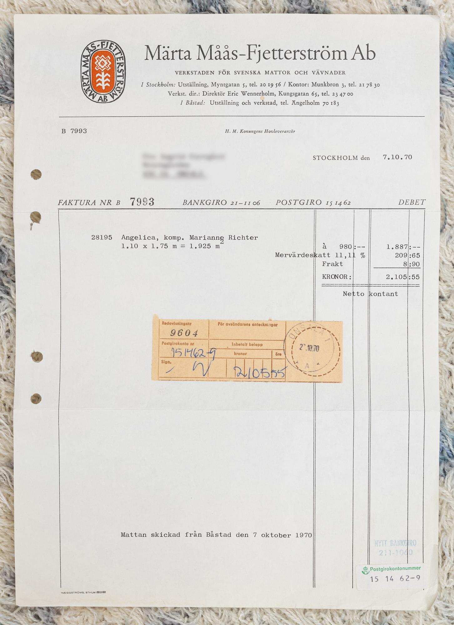 Marianne Richter, Rug, rya, "Angelica", designed in 1959, Märta Måås-Fjetterström AB.