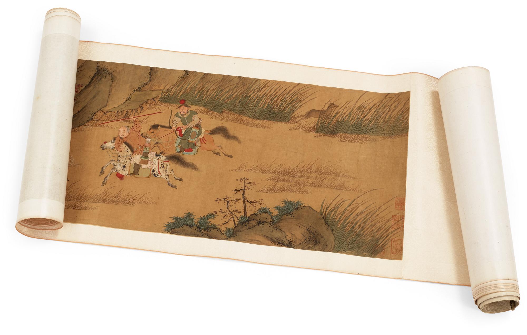A fine handscroll of hunting scenes and with calligraphy, Qing dynasty.
