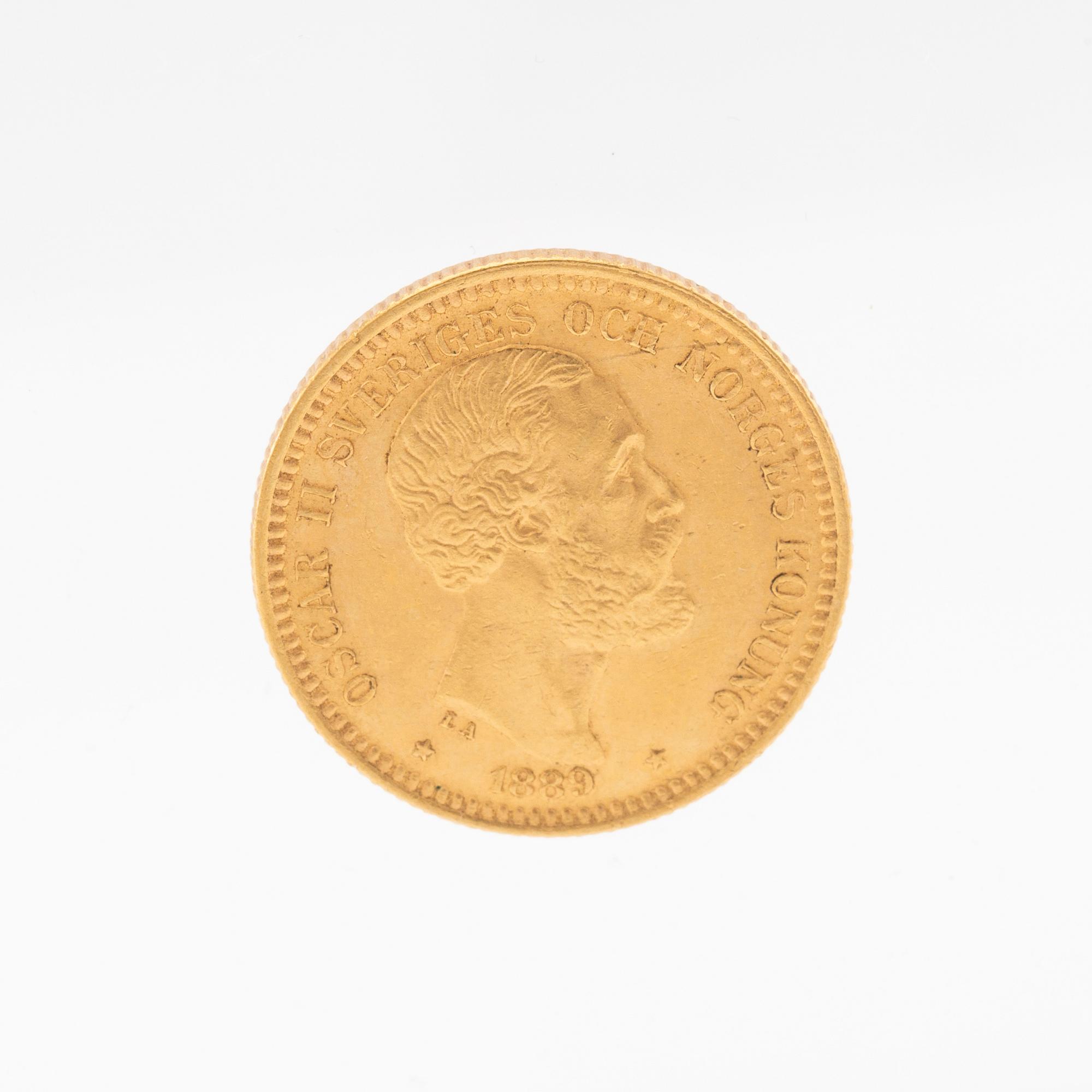 Gold coin 20kr Oscar II, Sweden and Norway 1889.