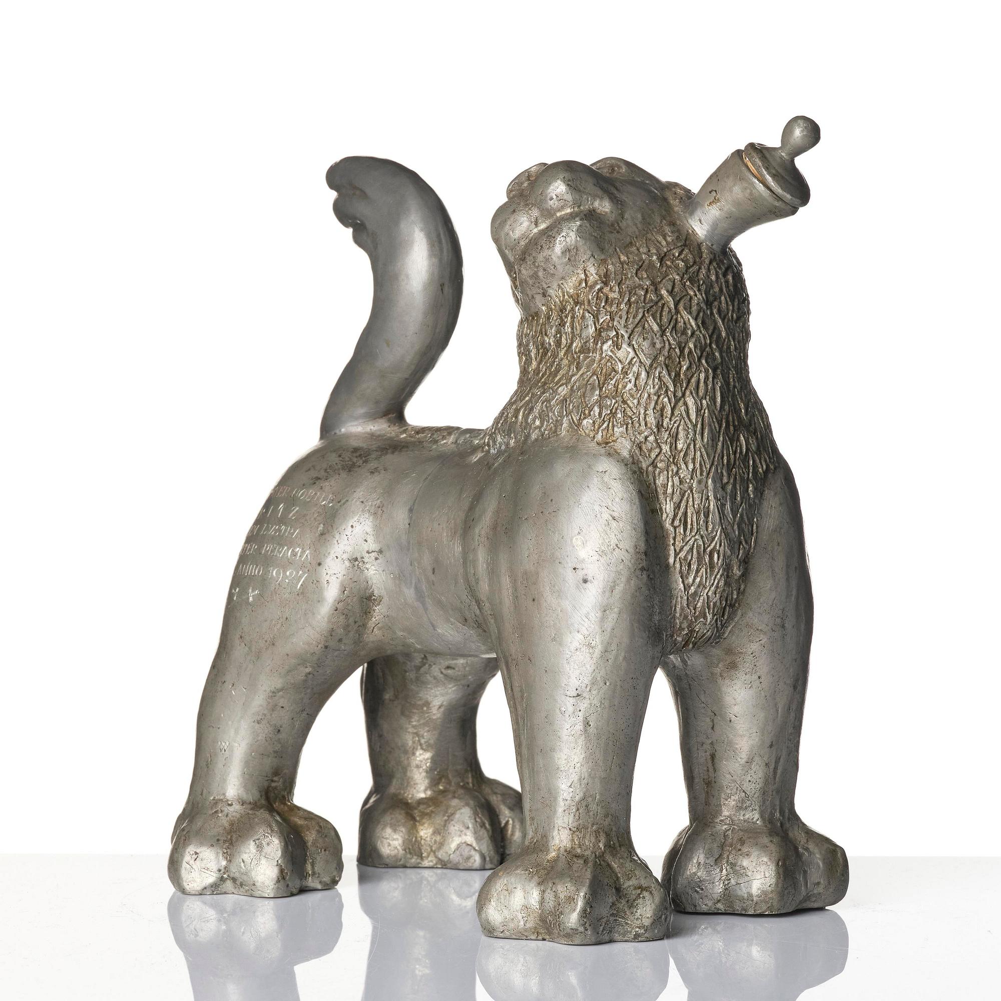 Anna Petrus, a pewter jug in the shape of a standing lion, Herman Bergman konstgjuteri, Stockholm, 1920s.
