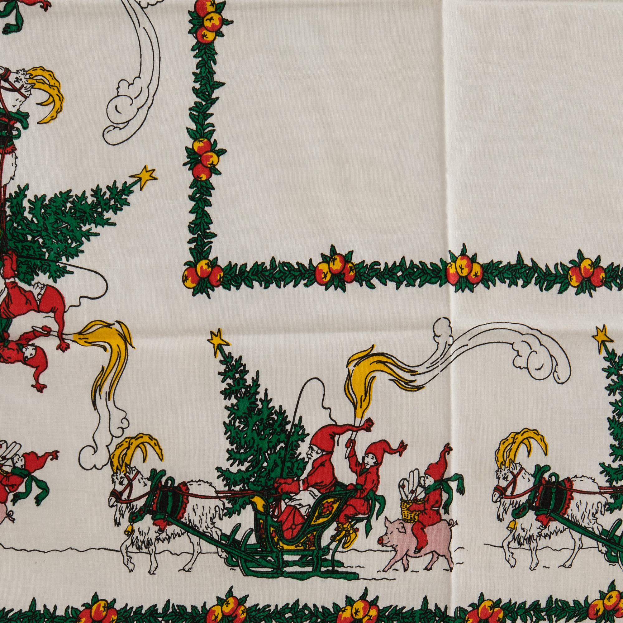 A collection of smaller Christmas tablecloths, runners, and wall hangings, approximately 34 pieces, mid/second half of the 20th century.