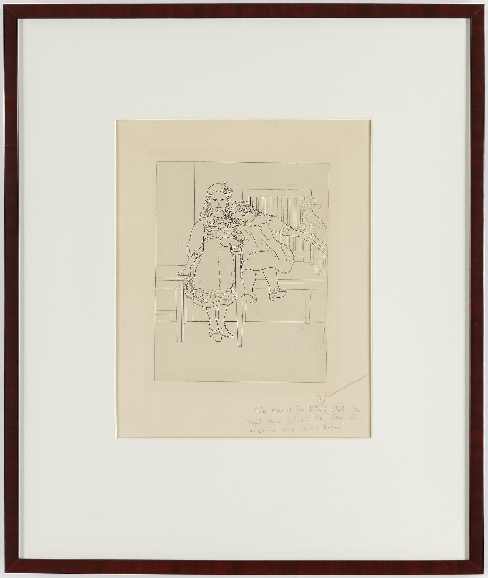 CARL LARSSON, etching, signed C.L. in pencil with dedication. Executed 1909. State 1. Very rare. "Two sisters".