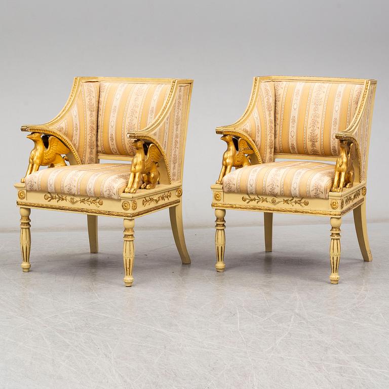 A pair of late Gustavian style armchairs, circa 1900.