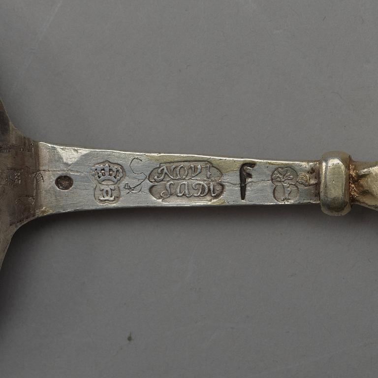 A Swedish 18th century parcel-gilt spoon, marks of Sigismund Novosadi d.y., Karlskrona 1754.