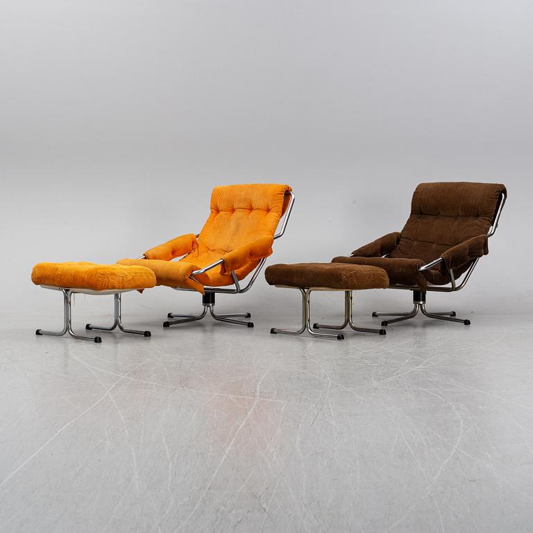 A pair of 1970's 'Luta' easy chairs and foot stools from Värnamo Sängkläder AB.