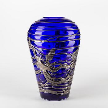 A blue and iridescent glass vase, Bohemian Art Glass, Czech Republic, indistingtly signed.