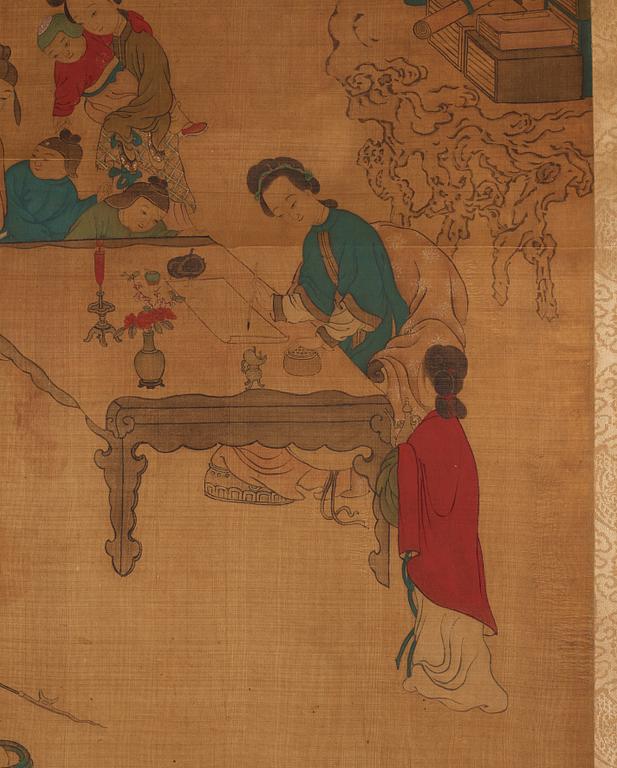 A Chinese scroll painting, ink and colour on silk laid on paper, late Qing dynasty/early 20th Century.