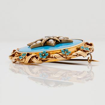 A Victorian enamel, pearl and diamond remembrance brooch, with forget me not floral motifs. French export marks.
