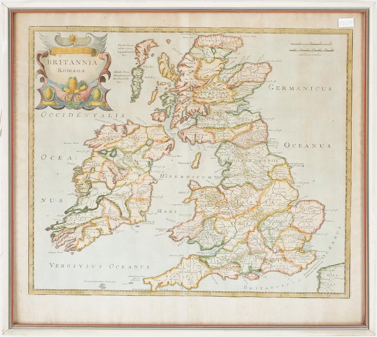 KARTA, etsning, "Britannia Romana", trol 1700/1800-tal.