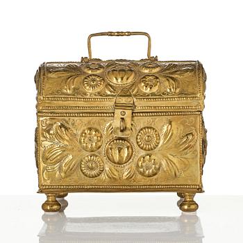 A Swedish baroque repousse brass box, dated 1707.