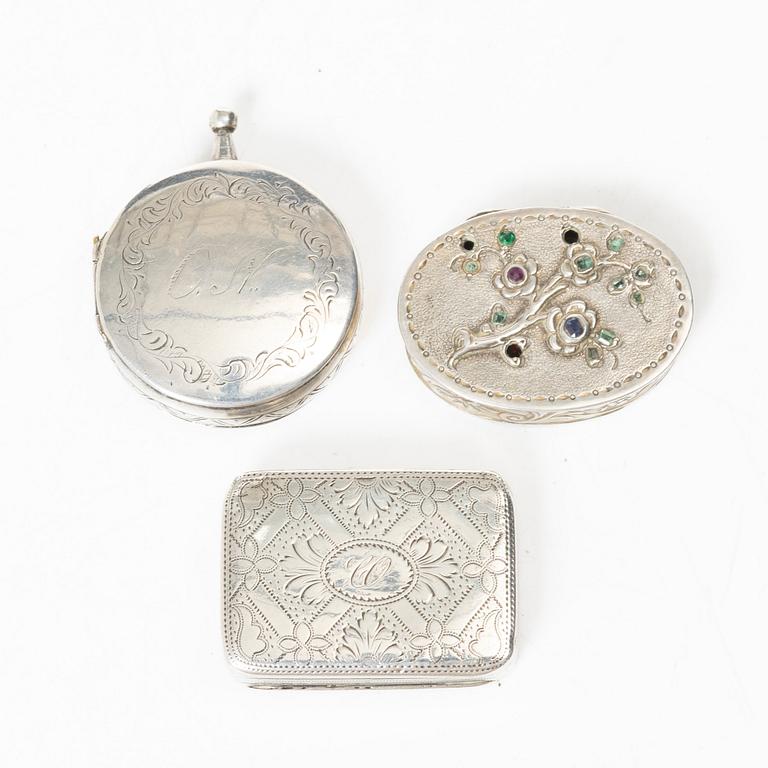 Dosor, 3 st, silver, England, Sverige, Tyskland, 1800-tal.