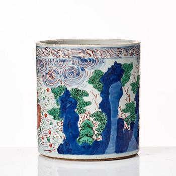 A Transitional Wucai brush pot, 17th Century.