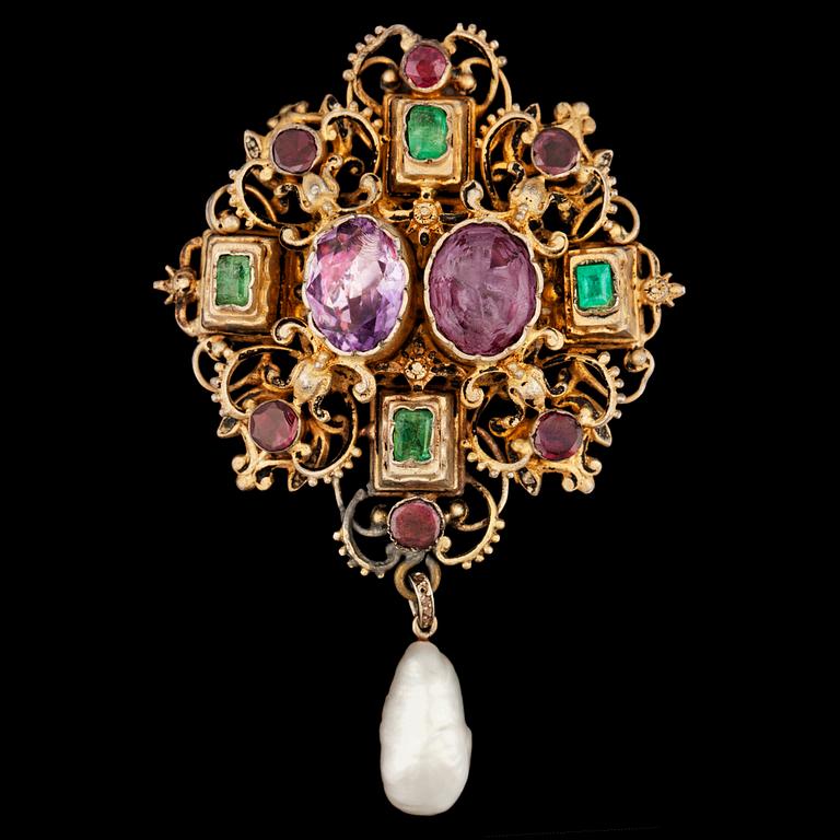 An emerald, amethyst, garnet and natural pearl pendant, neo renaissance.