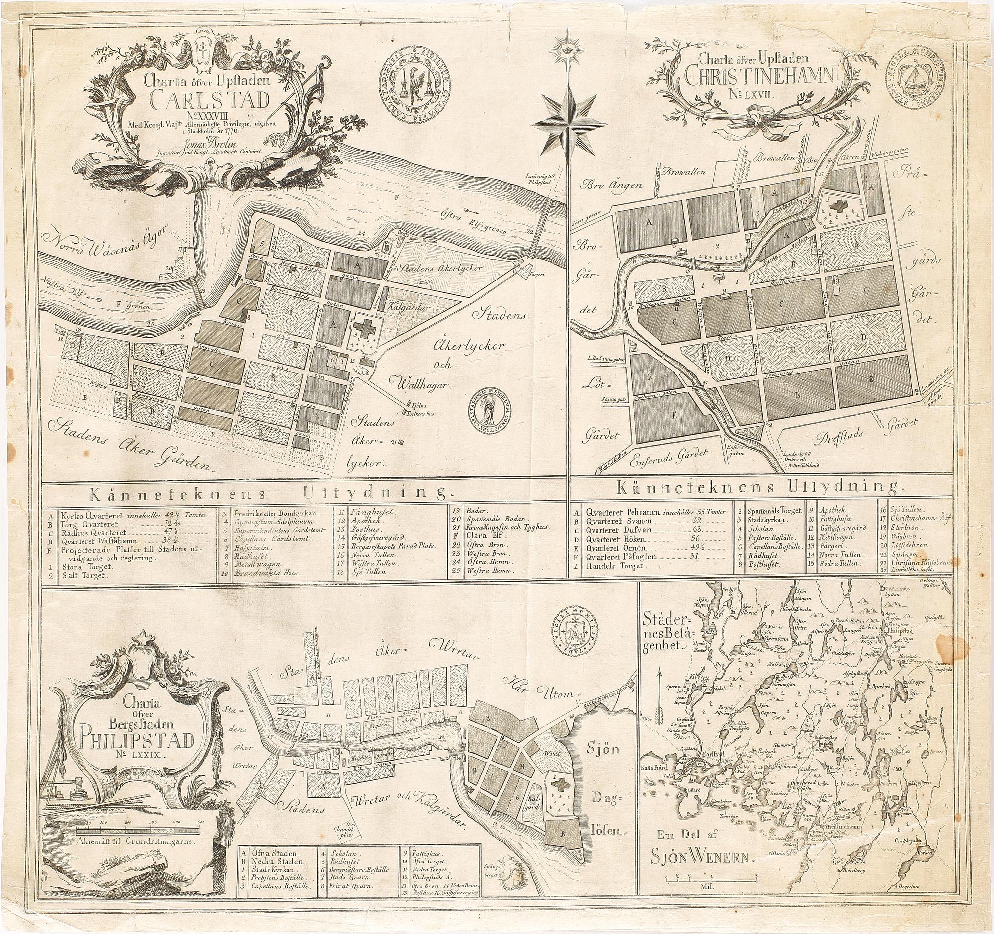 KARTA över bl. a Carlstad, Jonas Brolin vid Kongl Landmät Contoiret, Stockholm, 1700-talets slut.