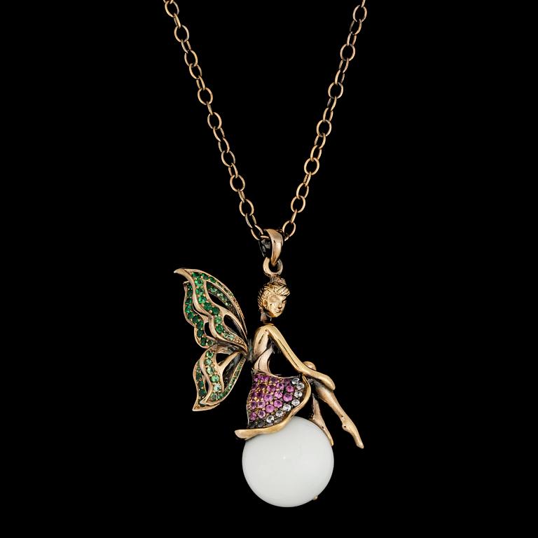 A tsavorite, sapphire and white agate pendant.